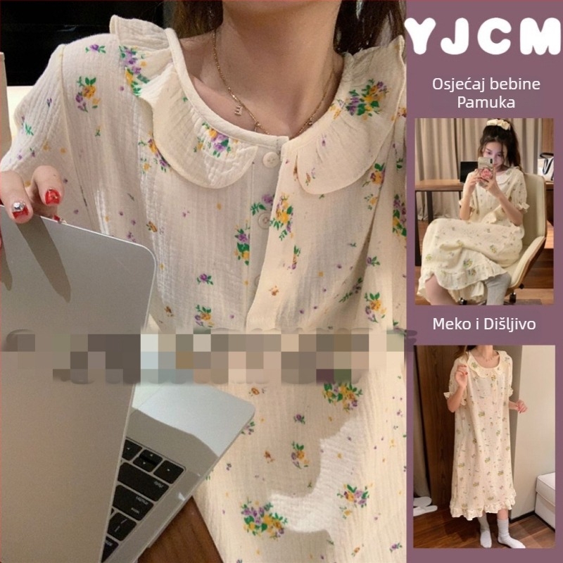 Noćna haljina za spavanje, japanskog stila s floralnim uzorkom, dugi rukavi, okrugli izrez, mješavina pamuk-poliester, za sve sezone kućna odjeća