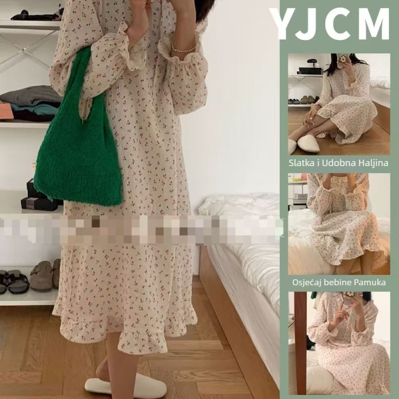 Noćna haljina za spavanje, japanskog stila s floralnim uzorkom, dugi rukavi, okrugli izrez, mješavina pamuk-poliester, za sve sezone kućna odjeća