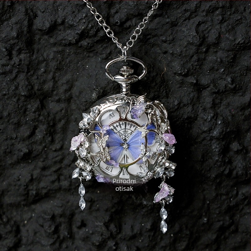 Džepni sat s leptirima – pokretni pravi primjerak leptira, dar za djevojke i prijateljice (Elektronički pogon; vodootpornost 35m; kućište od silikona; okrugli brojčanik; ABS staklo)