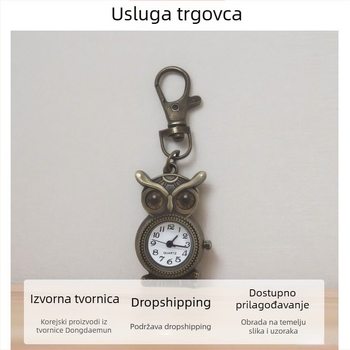 Sova motiv retro džepni sat, dekorativan, kvarcni mehanizam Z618, okrugli brojčanik promjera 15 mm, debljina 8 mm, kućište od cinkovog legura, kopča za ključ, mogućnost personalizacije logotipa