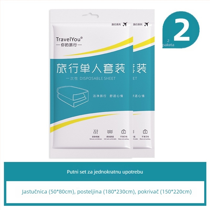 Putnički jednorazni set posteljine — 4 dijela, netkano vlakno, uključuje plahte, navlaku za pokrivač i jastučnice