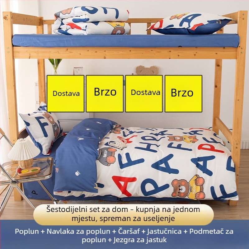 Četverodjelni set posteljine za studentski dom: navlaka za pokrivač, pokrivač, plahta i navlake za jastuke, sintetičko vlakno, uzorak crtanog filma, za sve sezone
