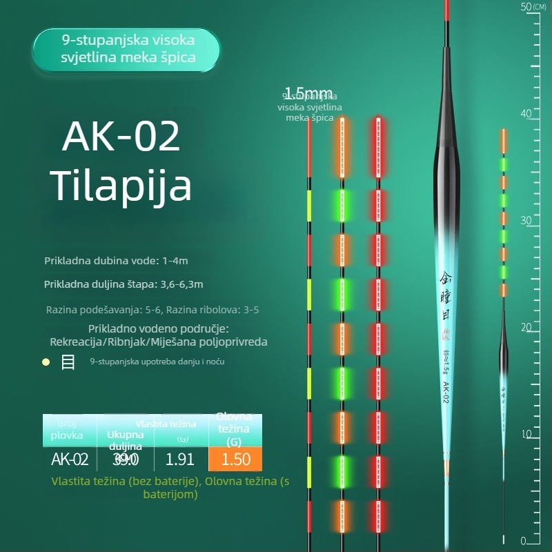 Plovak za tilapijski ribolov s promjenjivom bojom i svjetlosnim učinkom, kratka noga i vitko tijelo, elektronički plovak za dnevnu i noćnu upotrebu