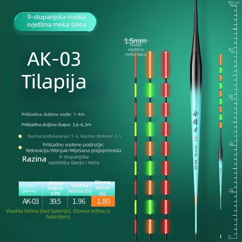 Plovak za tilapijski ribolov s promjenjivom bojom i svjetlosnim učinkom, kratka noga i vitko tijelo, elektronički plovak za dnevnu i noćnu upotrebu