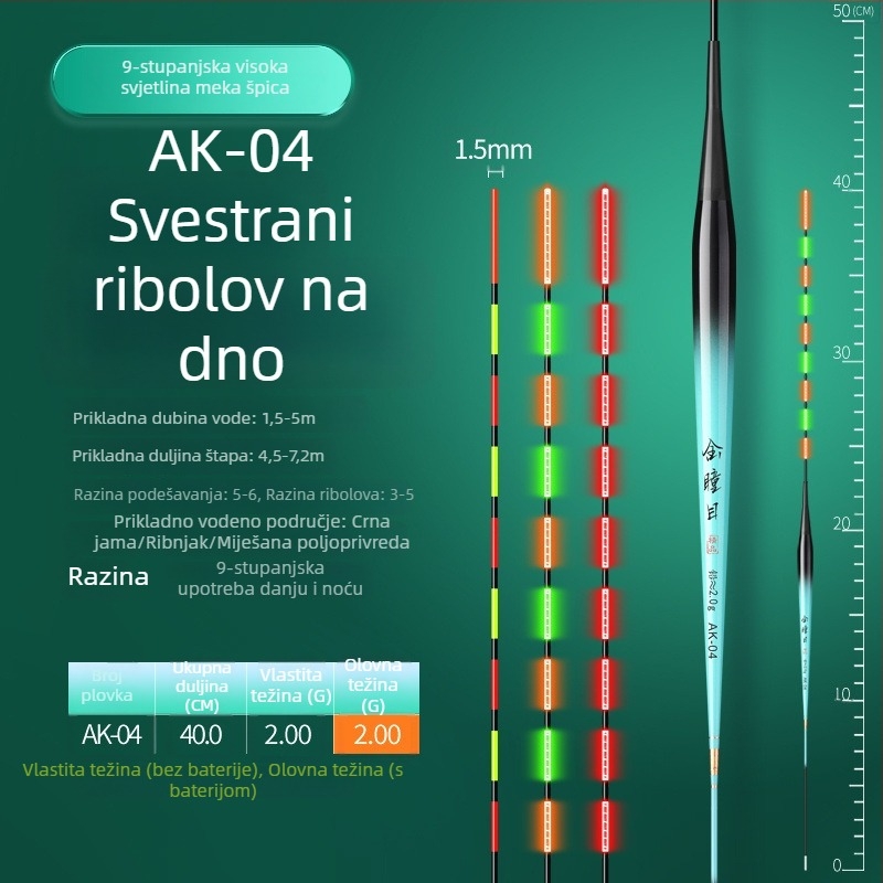 Plovak za tilapijski ribolov s promjenjivom bojom i svjetlosnim učinkom, kratka noga i vitko tijelo, elektronički plovak za dnevnu i noćnu upotrebu
