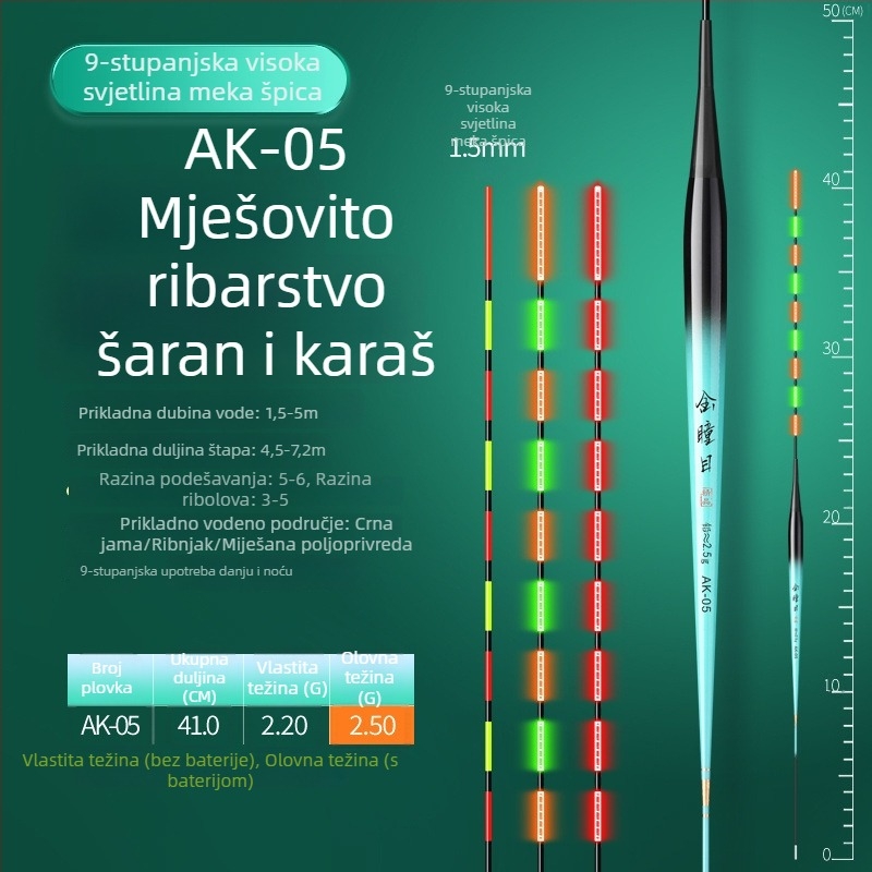 Plovak za tilapijski ribolov s promjenjivom bojom i svjetlosnim učinkom, kratka noga i vitko tijelo, elektronički plovak za dnevnu i noćnu upotrebu