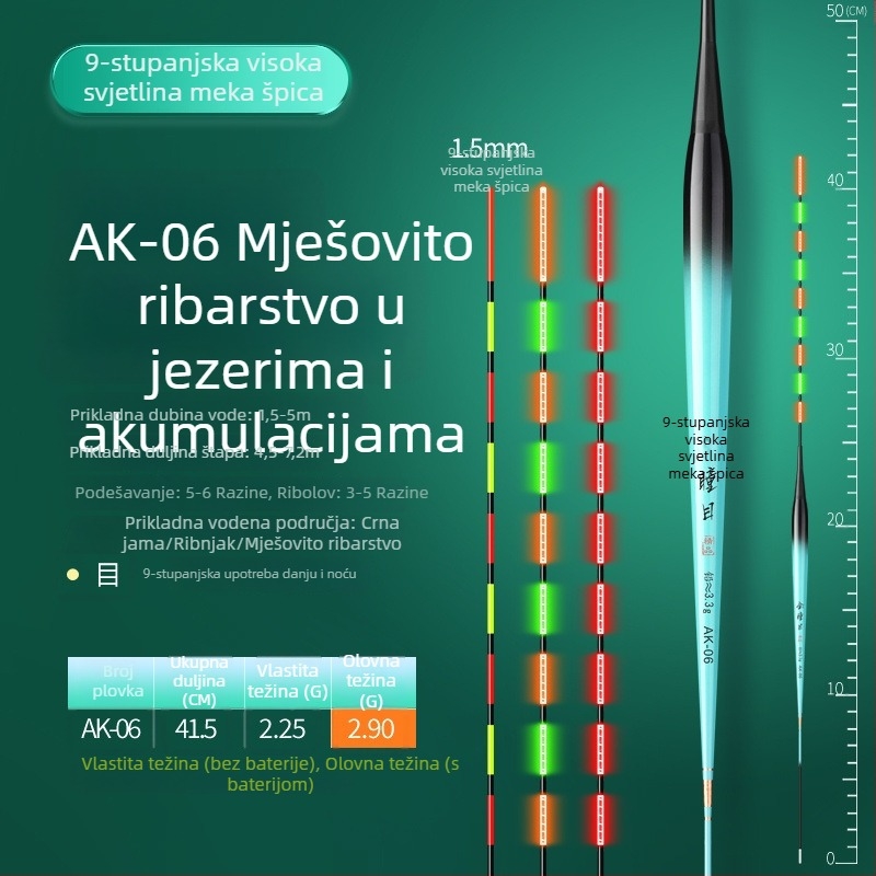 Plovak za tilapijski ribolov s promjenjivom bojom i svjetlosnim učinkom, kratka noga i vitko tijelo, elektronički plovak za dnevnu i noćnu upotrebu