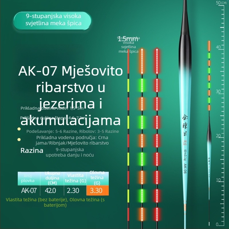 Plovak za tilapijski ribolov s promjenjivom bojom i svjetlosnim učinkom, kratka noga i vitko tijelo, elektronički plovak za dnevnu i noćnu upotrebu