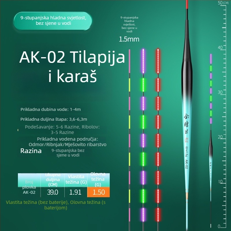 Plovak za tilapijski ribolov s promjenjivom bojom i svjetlosnim učinkom, kratka noga i vitko tijelo, elektronički plovak za dnevnu i noćnu upotrebu