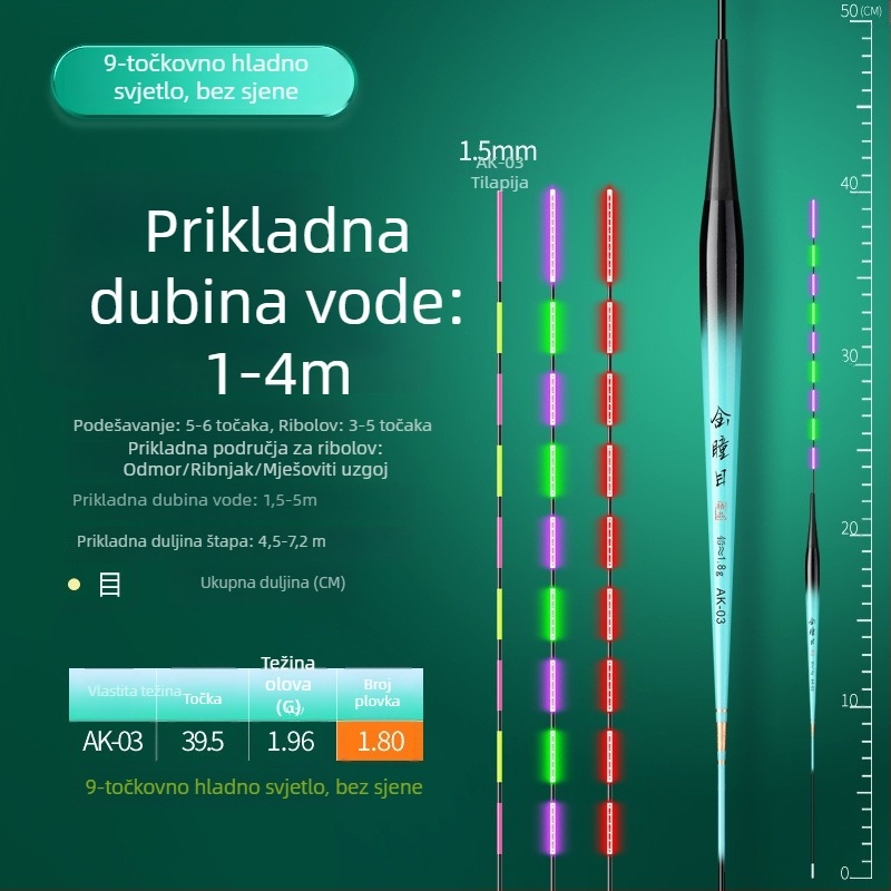 Plovak za tilapijski ribolov s promjenjivom bojom i svjetlosnim učinkom, kratka noga i vitko tijelo, elektronički plovak za dnevnu i noćnu upotrebu