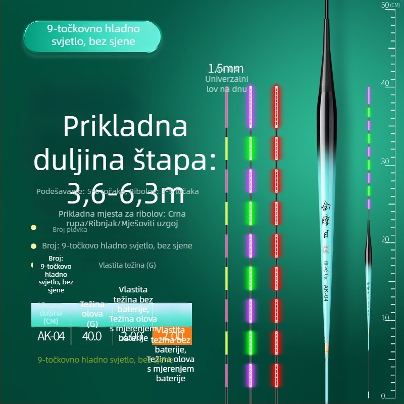 Plovak za tilapijski ribolov s promjenjivom bojom i svjetlosnim učinkom, kratka noga i vitko tijelo, elektronički plovak za dnevnu i noćnu upotrebu