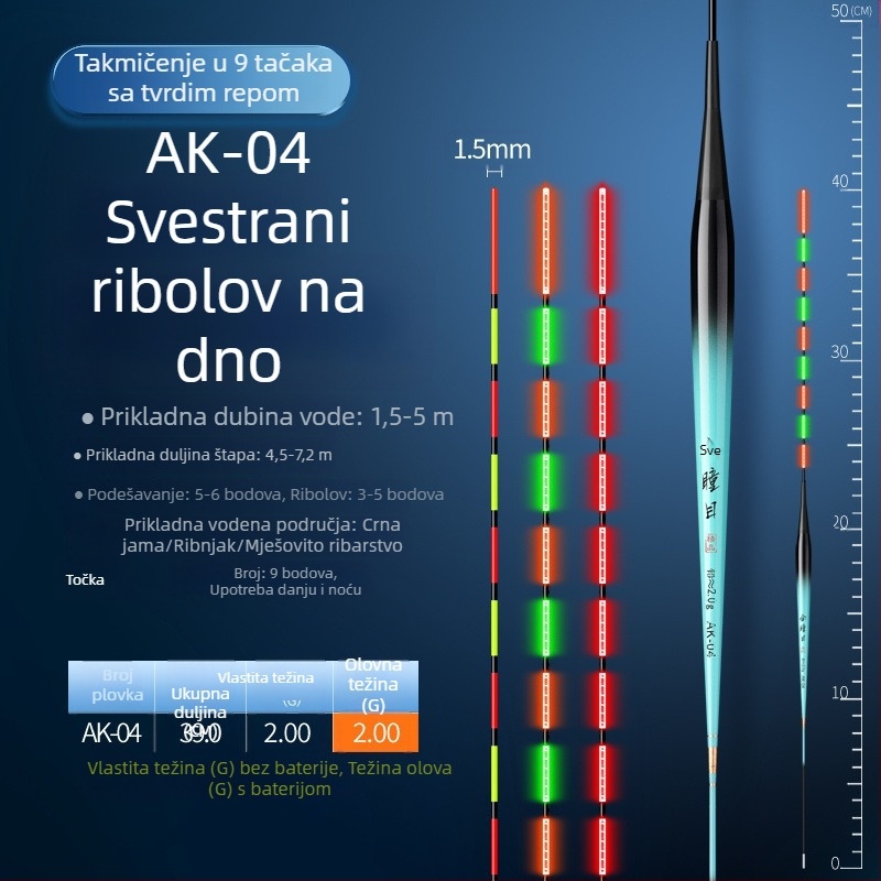 Plovak za tilapijski ribolov s promjenjivom bojom i svjetlosnim učinkom, kratka noga i vitko tijelo, elektronički plovak za dnevnu i noćnu upotrebu
