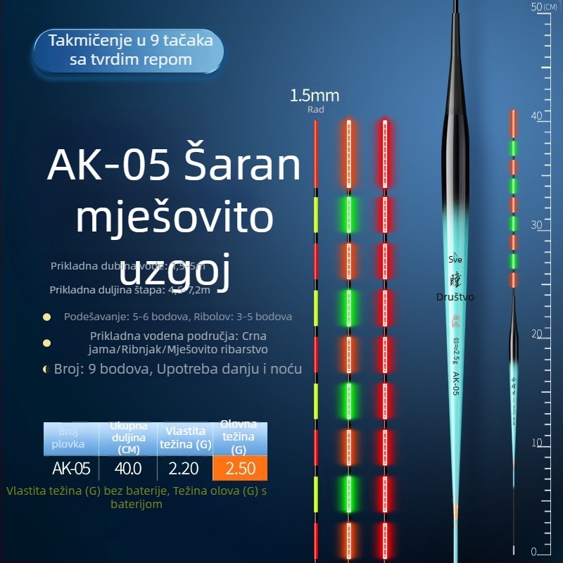 Plovak za tilapijski ribolov s promjenjivom bojom i svjetlosnim učinkom, kratka noga i vitko tijelo, elektronički plovak za dnevnu i noćnu upotrebu