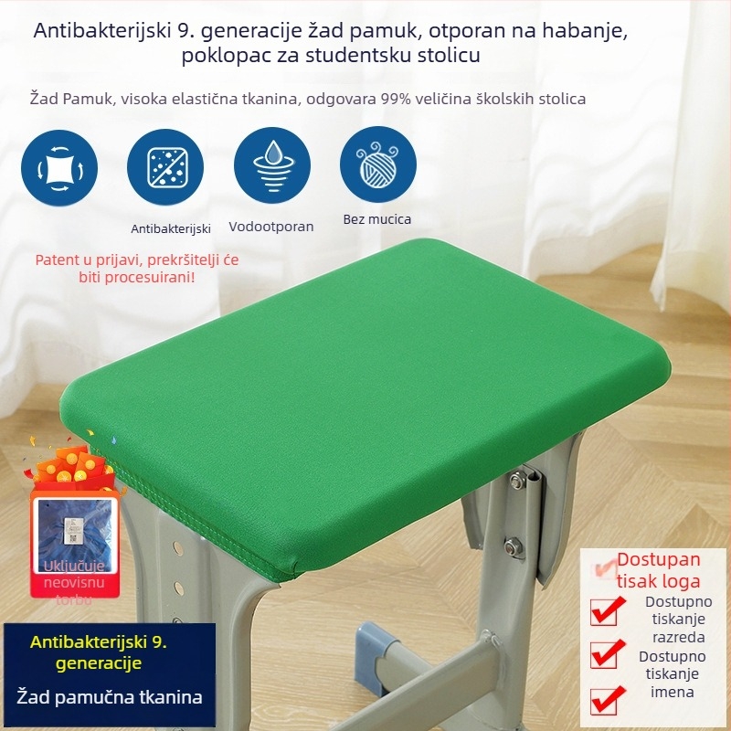 Vodootporna stolna navlaka za učenike osnovne i srednje škole, pravokutnog oblika, uključuje navlaku za stol, navlaku za stolicu i navlaku za naslon, mogućnost otiska