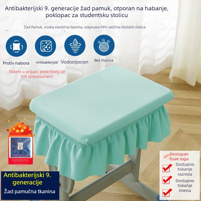 Vodootporna stolna navlaka za učenike osnovne i srednje škole, pravokutnog oblika, uključuje navlaku za stol, navlaku za stolicu i navlaku za naslon, mogućnost otiska