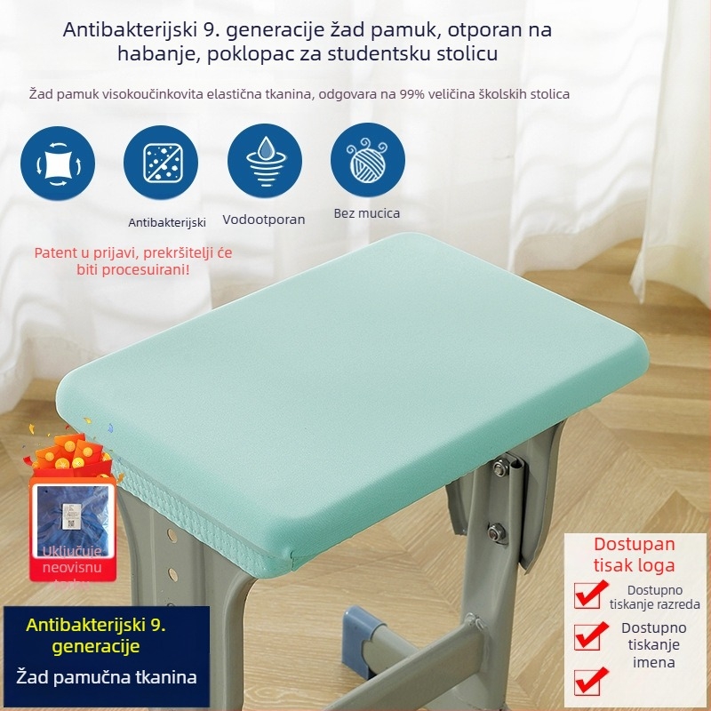 Vodootporna stolna navlaka za učenike osnovne i srednje škole, pravokutnog oblika, uključuje navlaku za stol, navlaku za stolicu i navlaku za naslon, mogućnost otiska