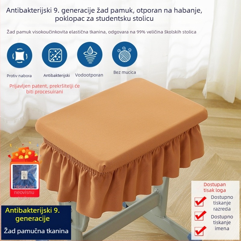 Vodootporna stolna navlaka za učenike osnovne i srednje škole, pravokutnog oblika, uključuje navlaku za stol, navlaku za stolicu i navlaku za naslon, mogućnost otiska