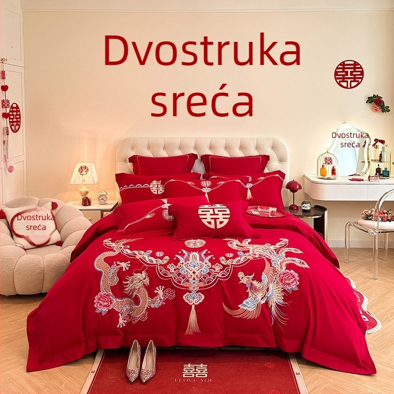 Premijerni set posteljine za vjenčanje u kineskom stilu, četiri dijela, crveno izvezeni detalji, navlaka za jorgan i plahte za mladence