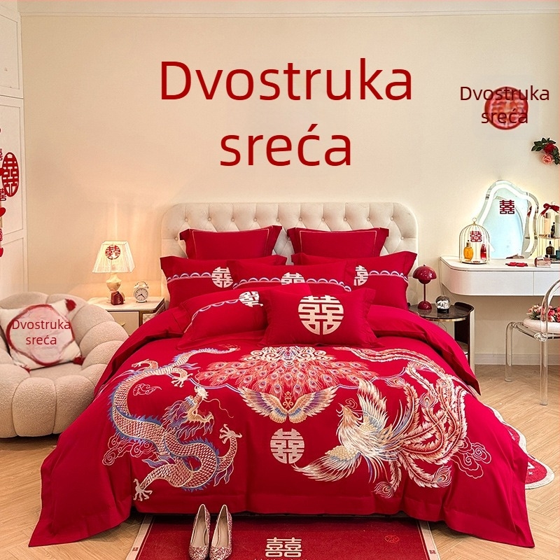 Premijerni set posteljine za vjenčanje u kineskom stilu, četiri dijela, crveno izvezeni detalji, navlaka za jorgan i plahte za mladence