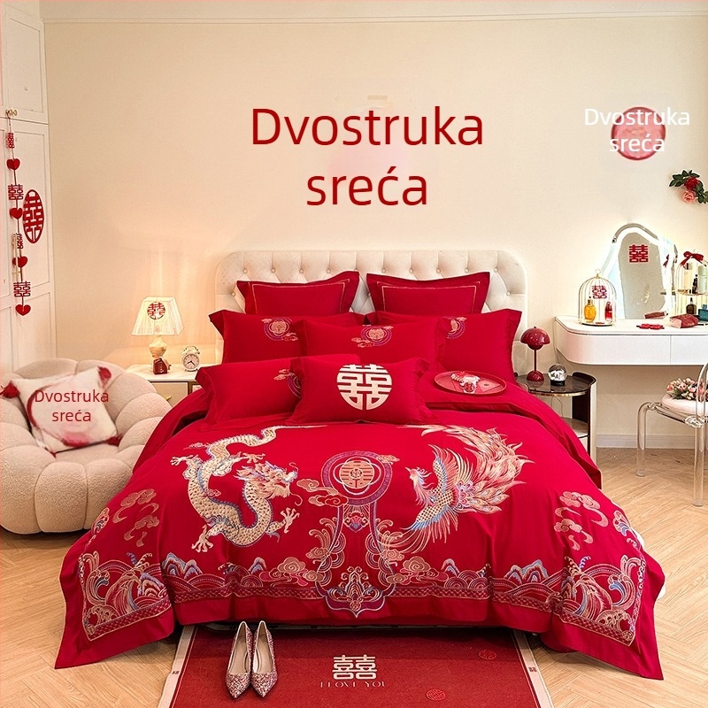 Premijerni set posteljine za vjenčanje u kineskom stilu, četiri dijela, crveno izvezeni detalji, navlaka za jorgan i plahte za mladence