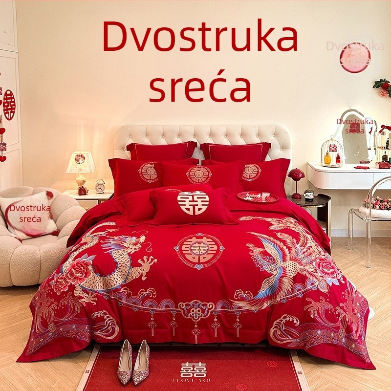 Premijerni set posteljine za vjenčanje u kineskom stilu, četiri dijela, crveno izvezeni detalji, navlaka za jorgan i plahte za mladence
