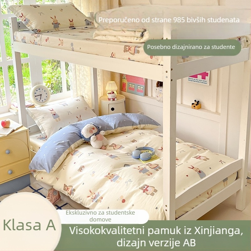 Komplet posteljine od 100% pamuka za studentske domove: navlaka za deku, navlaka za madrac s elastikom i navlaka za jastuk, za jednokrevetne i katne krevete