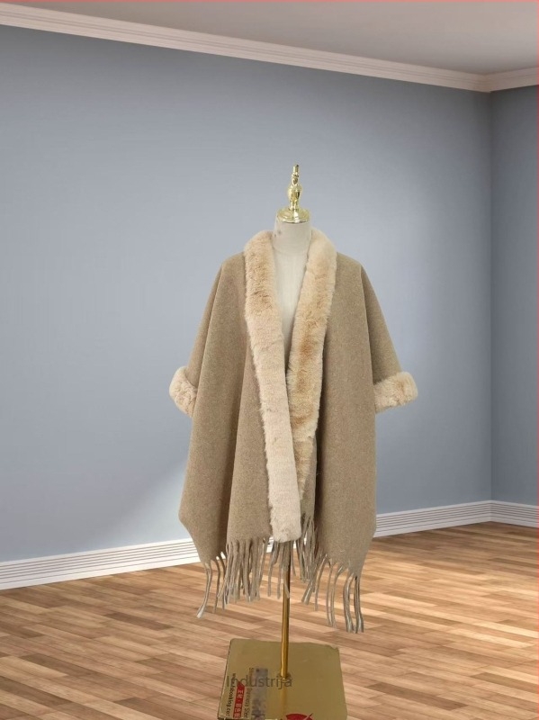 Pelerina s umjetnim kašmirom i krznom ovratnikom, etno retro stil, resice šala, zimsko-jesenski komad, podrijetlo Yunnan, lansirano u jesen 2024