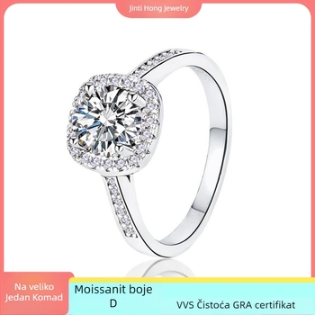 Prsten od Moissanita Genti Hong, četveroprsta kvadratna postava, srebro 925 s 18K pozlaćivanjem, 0,50–3,00 ct