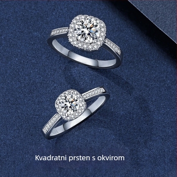 Prsten od Moissanita Genti Hong, četveroprsta kvadratna postava, srebro 925 s 18K pozlaćivanjem, 0,50–3,00 ct