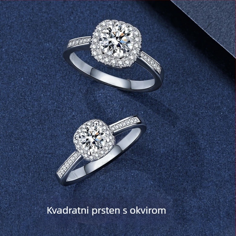 Prsten od Moissanita Genti Hong, četveroprsta kvadratna postava, srebro 925 s 18K pozlaćivanjem, 0,50–3,00 ct