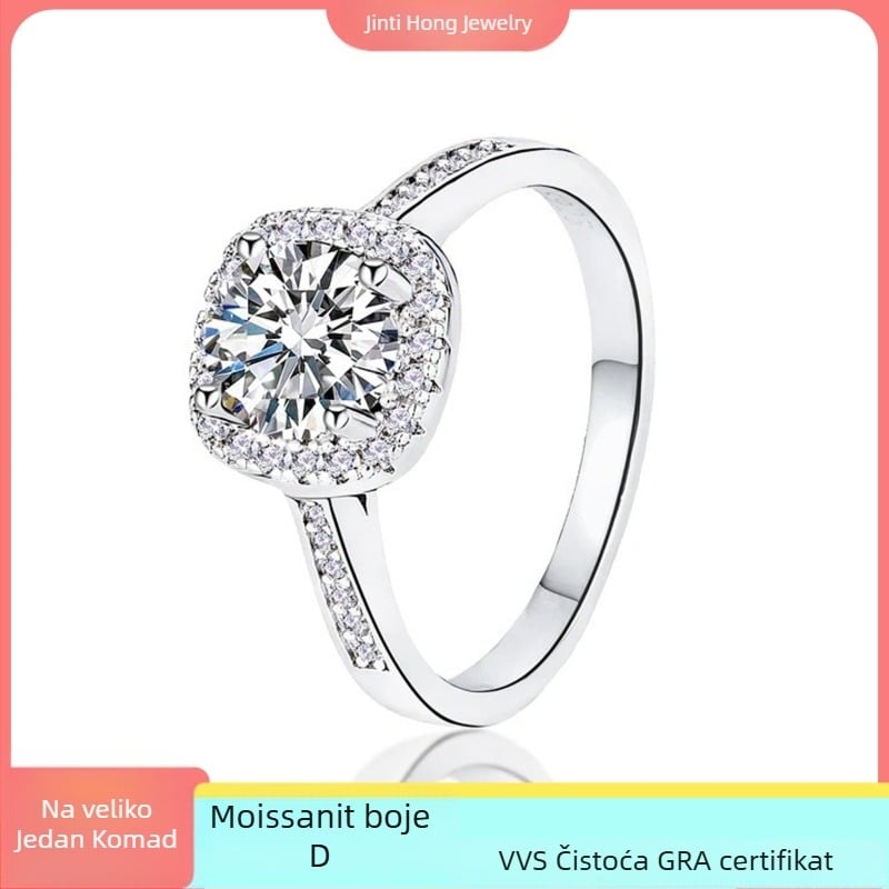 Prsten od Moissanita Genti Hong, četveroprsta kvadratna postava, srebro 925 s 18K pozlaćivanjem, 0,50–3,00 ct