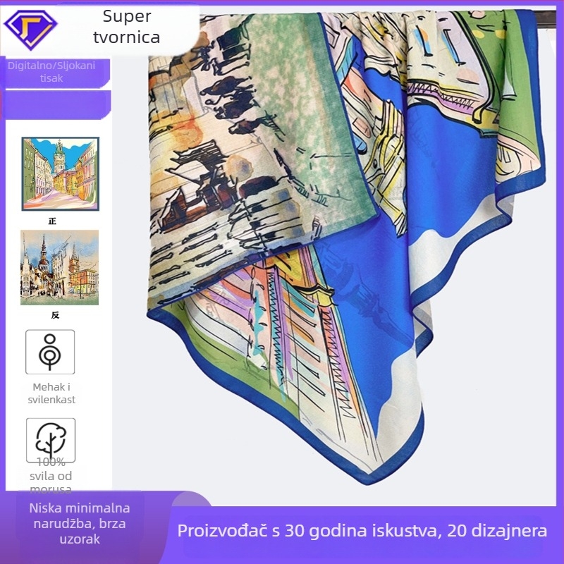 Dvostrano otisnuti svilenkasti kvadratni šal — 100% svila, twill tkanina, podrijetlo Hangzhou, originalni dizajn