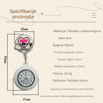 Hodinki za medicinske sestre s kružnim priveškom, analogni prikaz, kvarcni mehanizam Seagull Z618, plastično kućište