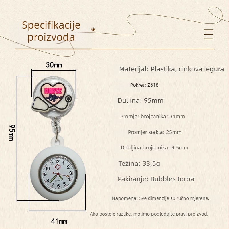 Hodinki za medicinske sestre s kružnim priveškom, analogni prikaz, kvarcni mehanizam Seagull Z618, plastično kućište