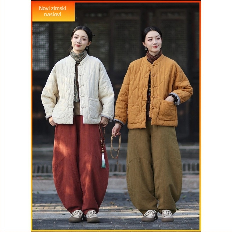 Ženska jakna u budističkom stilu s kineskim nacionalnim stilom, ramie-pamuksmješаa, prešivana pamučna podstava, zima 2025