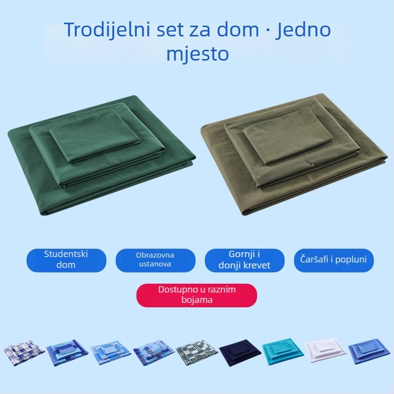 Vojnozelen 3-dijelni set posteljine za studentski dom — navlaka za jorgan, plahte i jastučnice