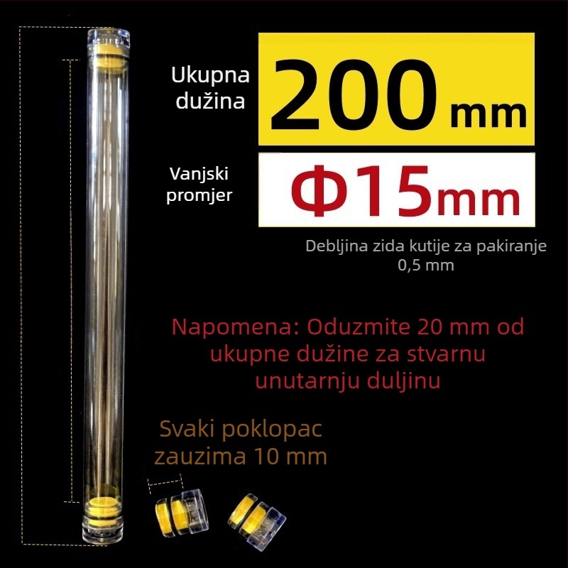 PC okrugla cijev za pakiranje s poklopcem, prozirna, debljina zida 0,5 mm, za skladištenje ribolovnih plovaka