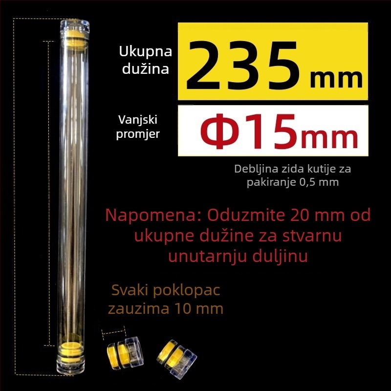 PC okrugla cijev za pakiranje s poklopcem, prozirna, debljina zida 0,5 mm, za skladištenje ribolovnih plovaka