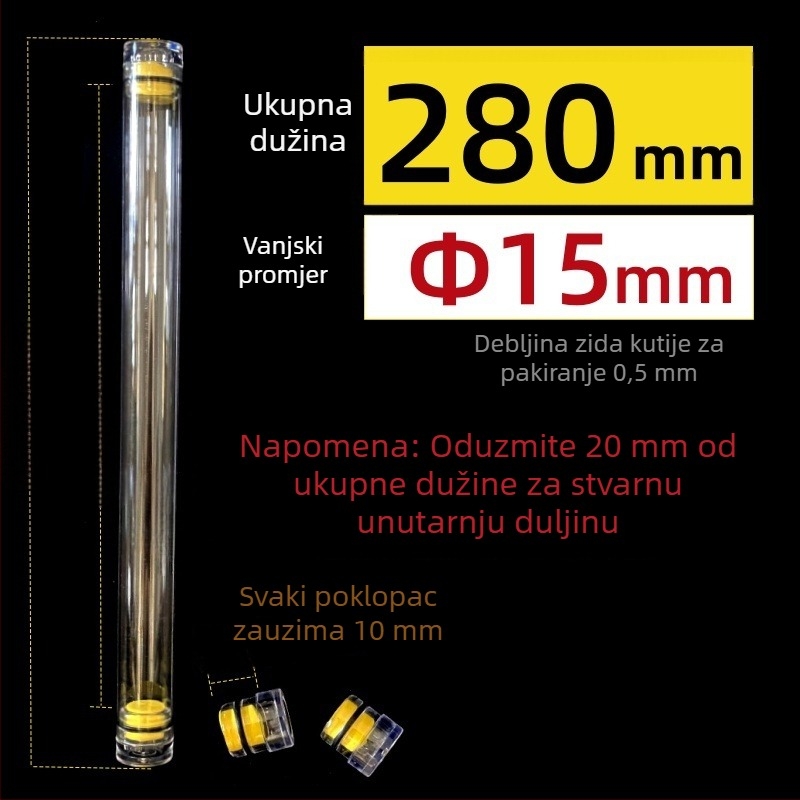 PC okrugla cijev za pakiranje s poklopcem, prozirna, debljina zida 0,5 mm, za skladištenje ribolovnih plovaka