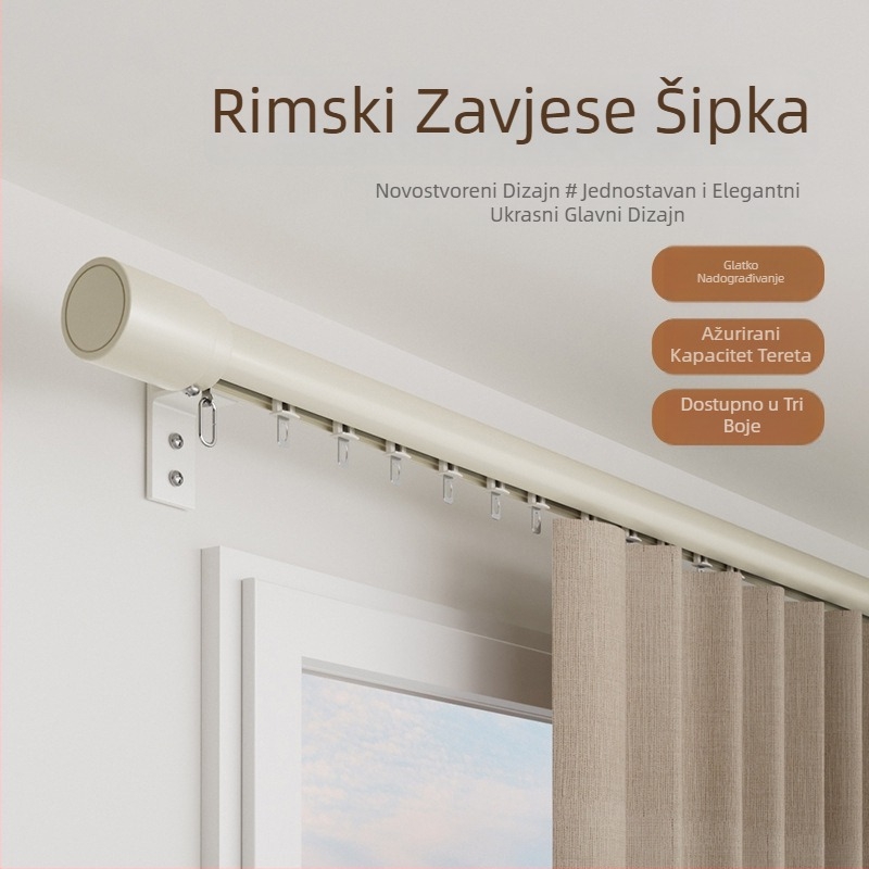 Zavjesna šipka od aluminijske legure, Model 491 donja tračnica; Pribor: dekorativna glava, kotačić, nosač, brtvilo; Stil: moderni minimalizam (Model: 491; Materijal: aluminijska legura; Tip: šipka za zavjese; Pribor: dekorativna glava, kotačić, nosač, brtv