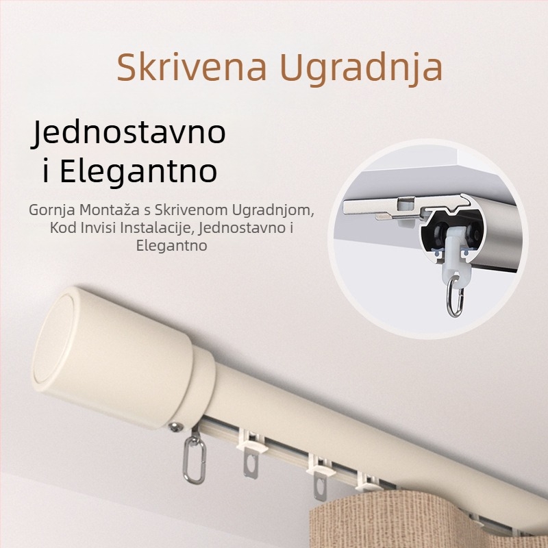 Zavjesna šipka od aluminijske legure, Model 491 donja tračnica; Pribor: dekorativna glava, kotačić, nosač, brtvilo; Stil: moderni minimalizam (Model: 491; Materijal: aluminijska legura; Tip: šipka za zavjese; Pribor: dekorativna glava, kotačić, nosač, brtv