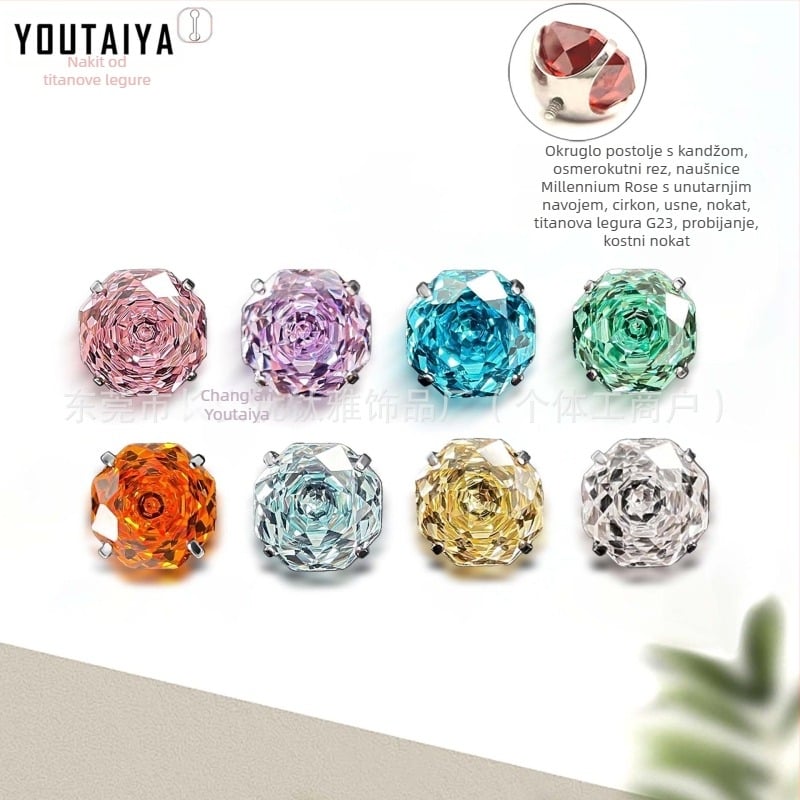 Geometrijski titanijski naušnice s osmerokutnim dizajnom, cirkonij, G23 titanijev spoj, unutarnji navoj