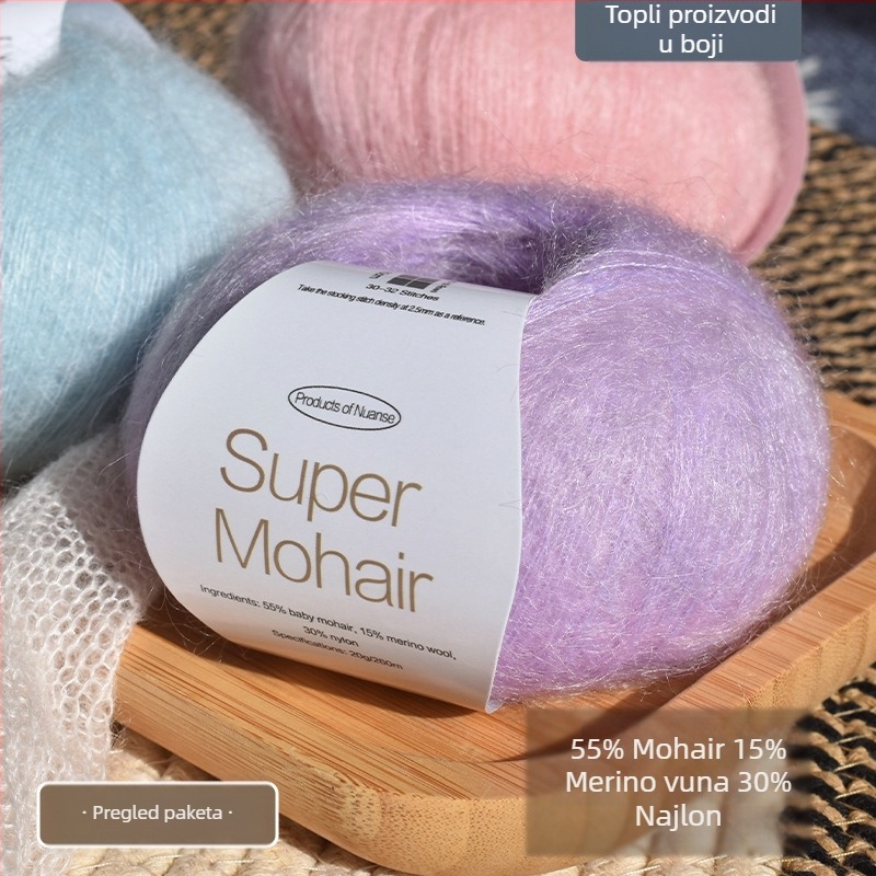 Mohair vlakno za pletenje i tkanje | Silk mohair, worsted preplitanje, grupno vlakno, gustoća 10×10 cm: 30–32 petlji, 48–50 redova