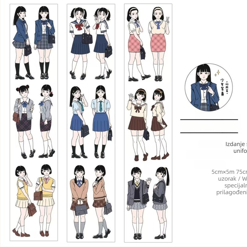 Gulu Bubble: Akvarelni manga stil djevojka u školskoj uniformi — die-cut washi traka, naljepnice i privjesci