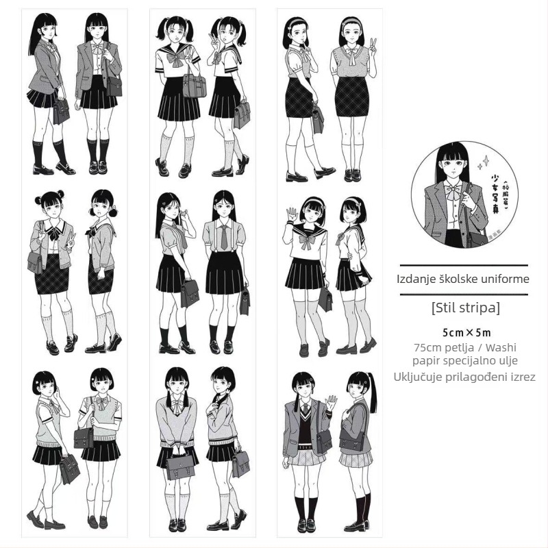 Gulu Bubble: Akvarelni manga stil djevojka u školskoj uniformi — die-cut washi traka, naljepnice i privjesci
