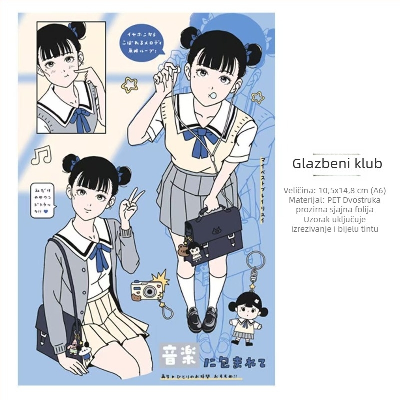 Gulu Bubble: Akvarelni manga stil djevojka u školskoj uniformi — die-cut washi traka, naljepnice i privjesci