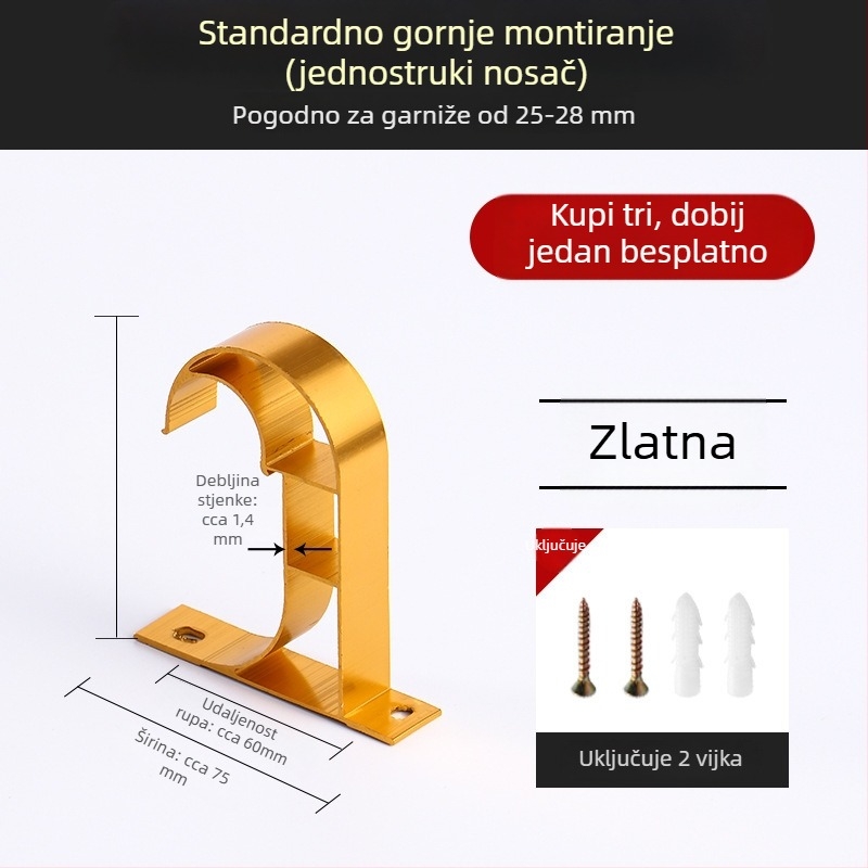 Aluminijski nosač zavjesnog štapa s bazom za kukicu, kućni dodaci za zavjese