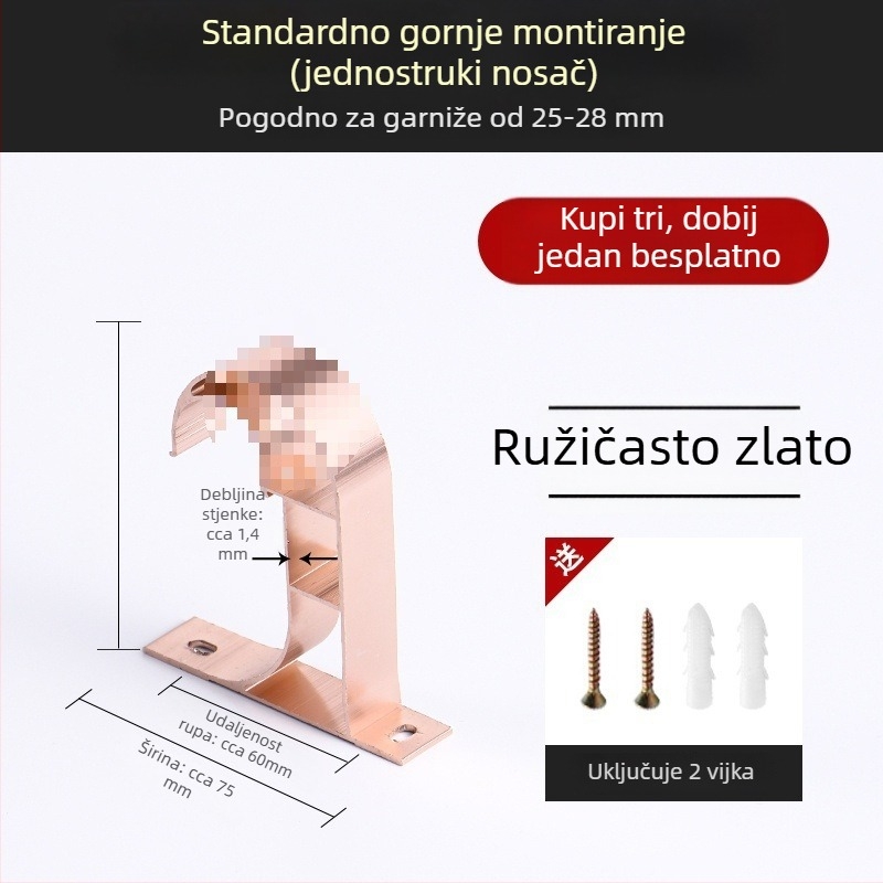 Aluminijski nosač zavjesnog štapa s bazom za kukicu, kućni dodaci za zavjese