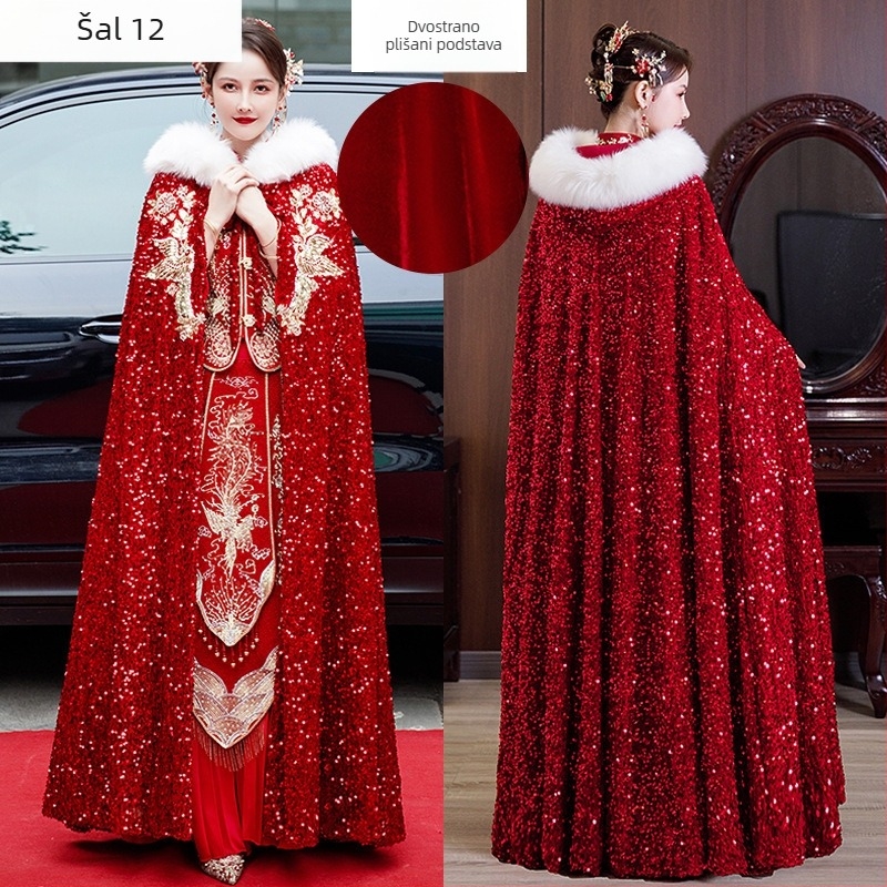 Hanfu Xiuhe plašt s kragnom od krzna, velur materijal, twill tkanina, retro stil, podrijetlo Suzhou