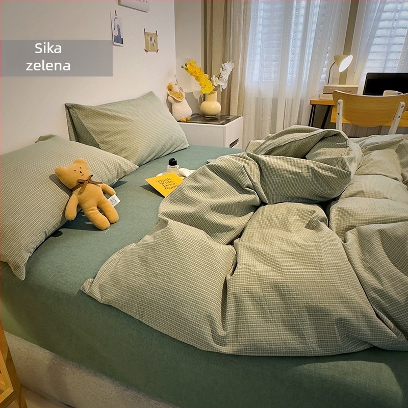 Muji stil četverodjelni komplet posteljine od 100% pamuka – navlaka za pokrivač, ravni list, elastični list i navlake za jastuke; jednobojne i karirani uzorci
